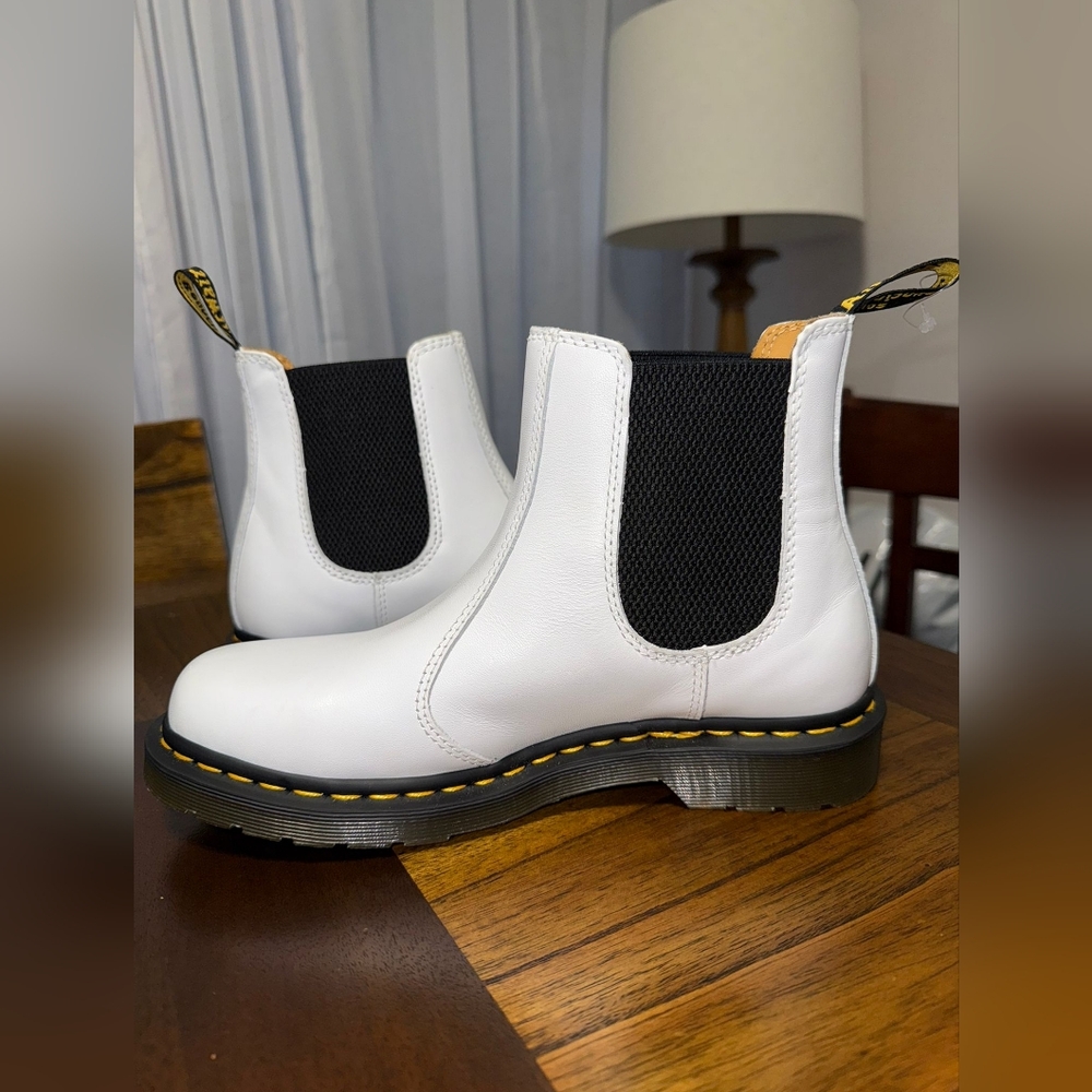 Dr. Martens White Chelsea Boots with Black Elastic Panels